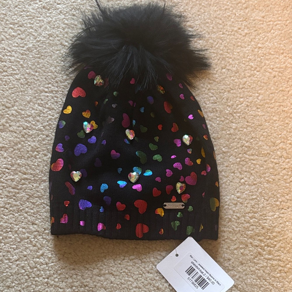 NWT Bari Lynn Jeweled Heart Girls Hat in Black